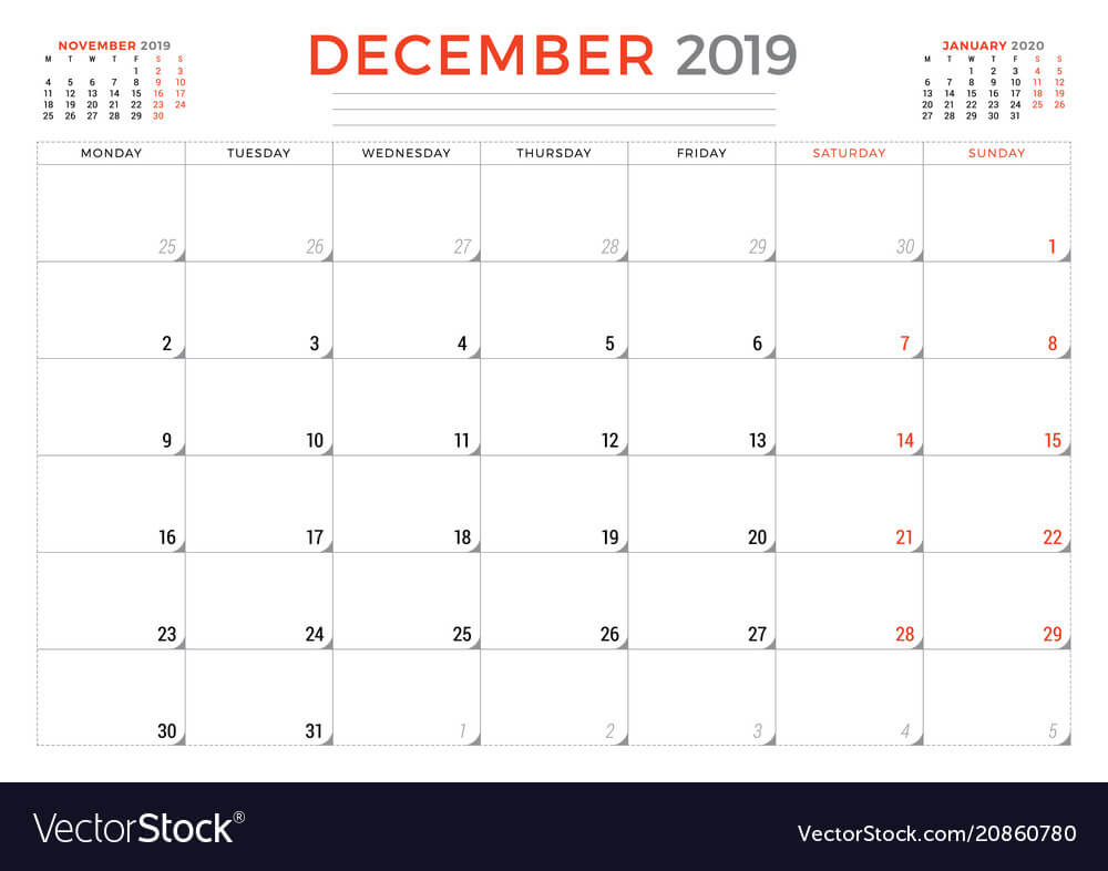 December 2019. Calendar planner stationery design template. Vector illustration